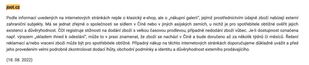 Joot.cz recenze, rizikové e-shopy