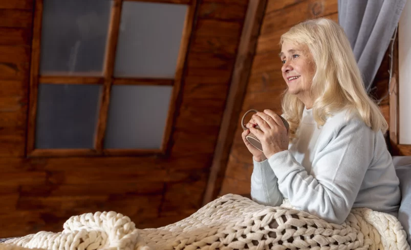 Starší žena v domově seniorů pije čaj
