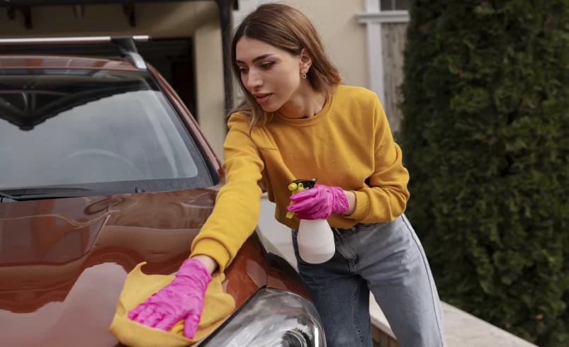 Žena myje svůj automobil