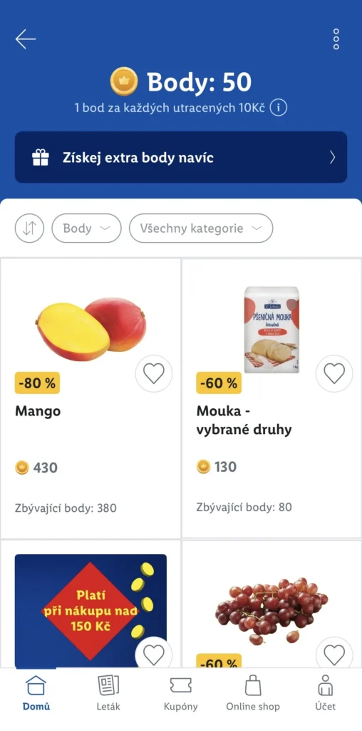 Mobilní aplikace Lidl Plus, kde mohou zákazníci sledovat stav bodů a měnit je za slevy